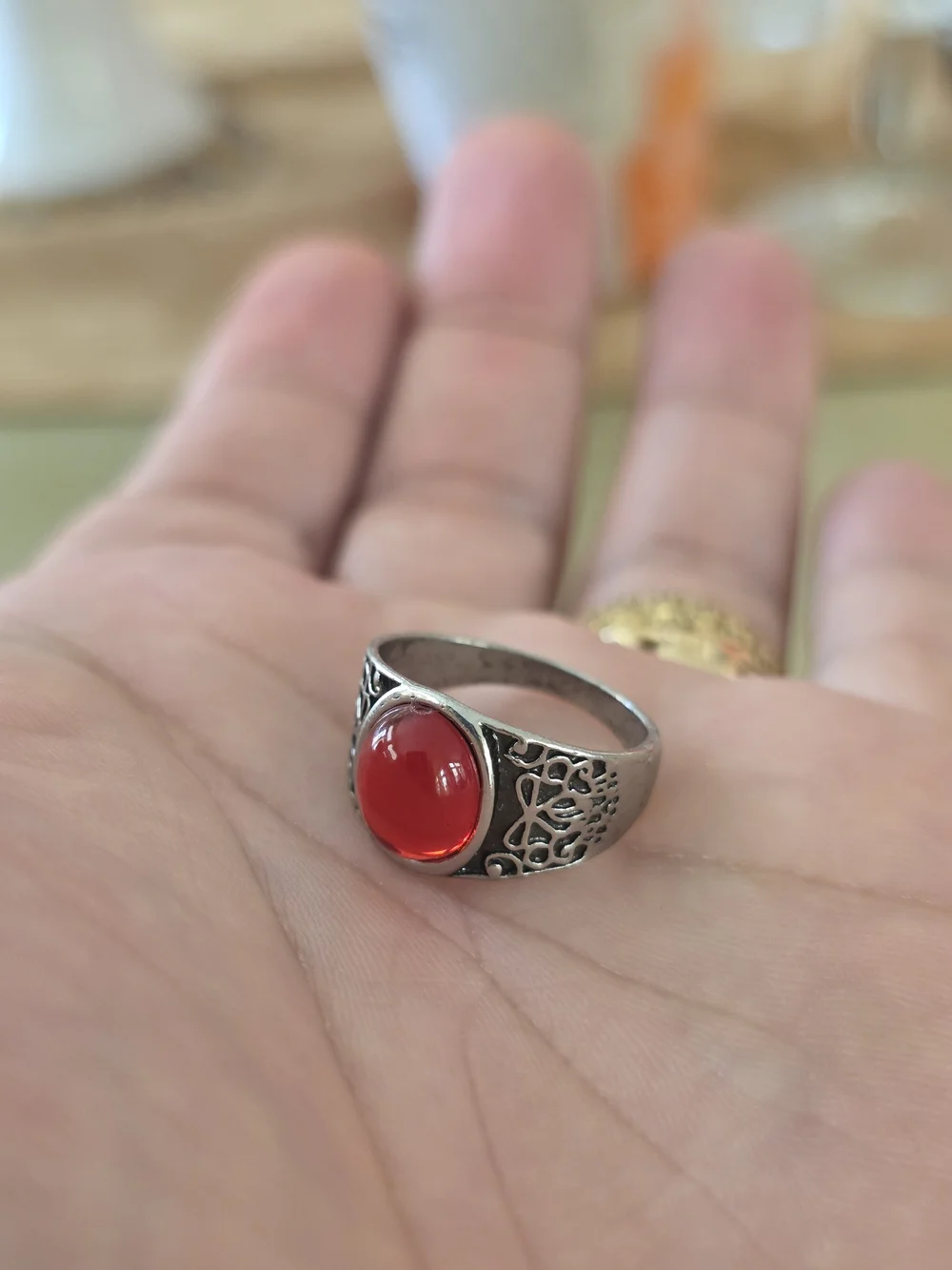 Silver Ring with Red Cabochon Gemstone